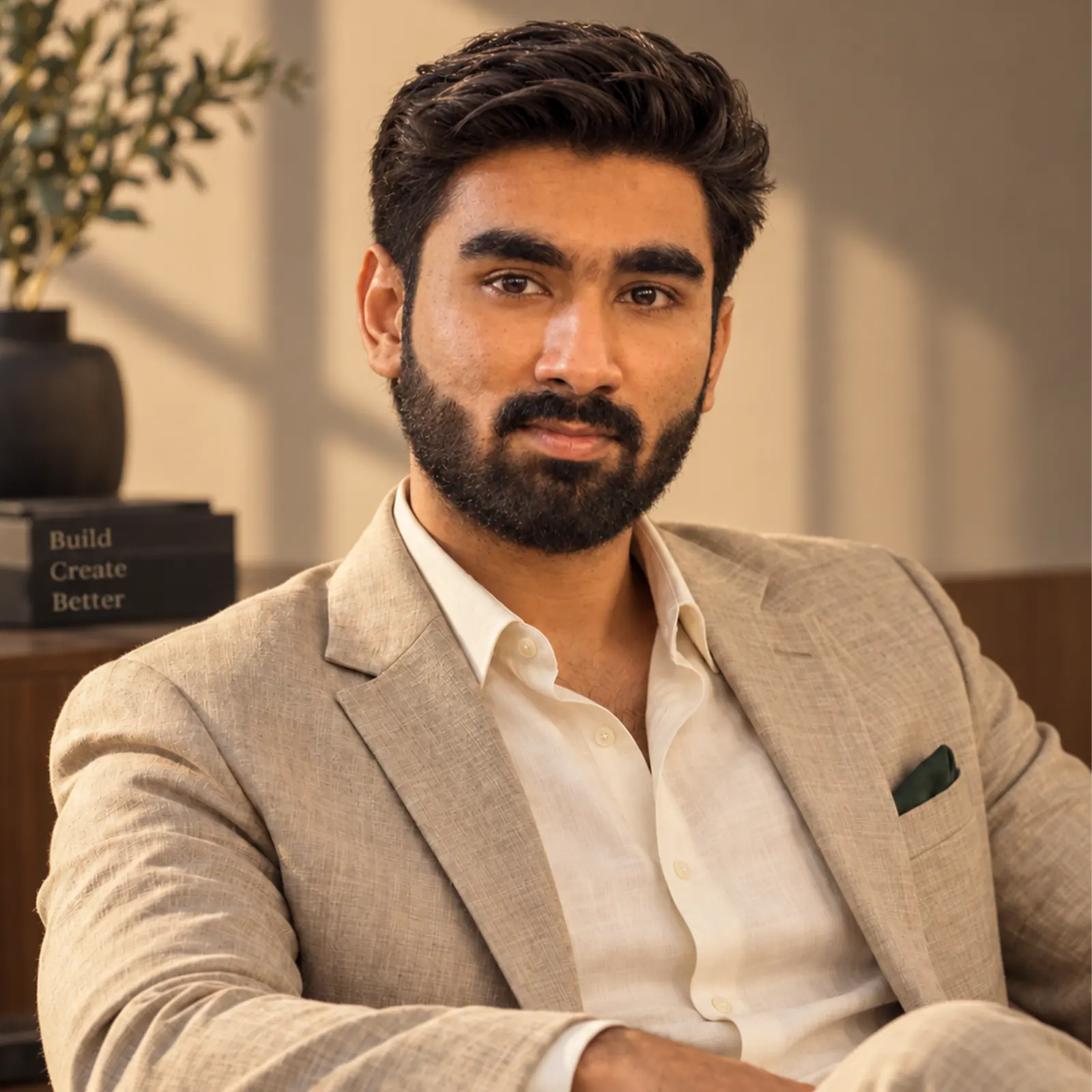 Portrait of Zain Qureshi, founder of Second Spin Supply, seated in a beige linen suit.