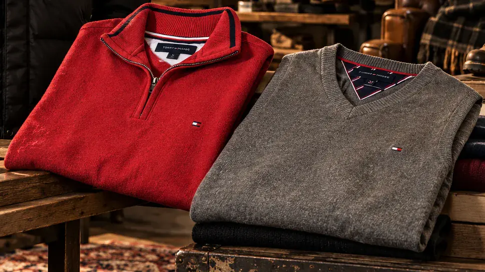 Editorial example: a folded red quarter-zip and a grey knit vest on a wooden bench. Not a current lot.
